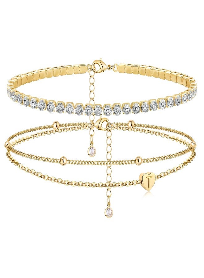 MYYOII Initial Ankle Bracelets for Women, Dainty Gold Anklets for Women Layered Heart CZ Bead Initial Anklets 14K Gold Plated Ankle Bracelet Set Waterproof Summer Beach Jewelry for Women T, Large - Image 1